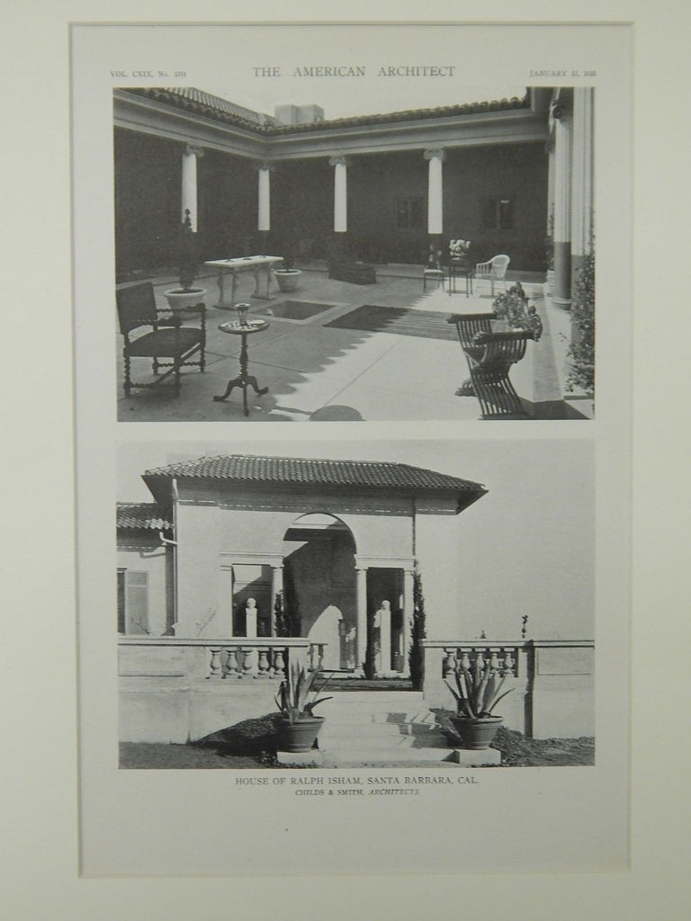 Courtyard & Entrance, House of Ralph Isham, Santa Barbara, CA, 1921, Lithograph. Childs & Smith.