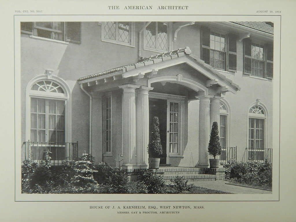 Entrance, House of J. A. Karnheim, Esq., West Newton, MA, 1914, Lithograph. Gay & Proctor.
