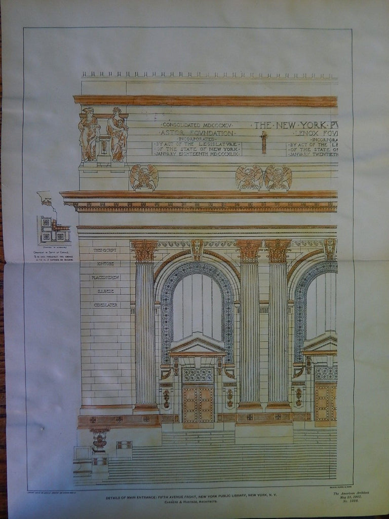 Main Entrance, New York Public Library, NY,1901. Original Plan.Carrere&Hastings.