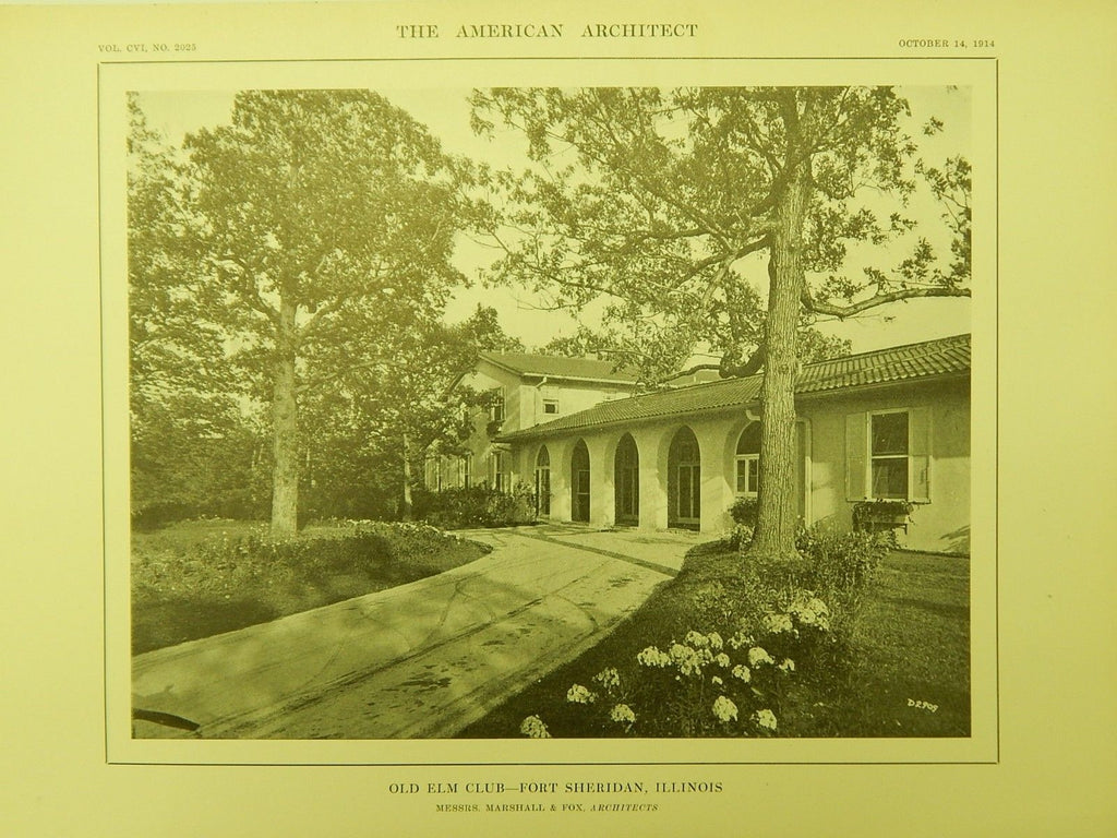 Entrance, Old Elm Club, Fort Sheridan, IL, 1914, Lithograph. Marshall & Fox.