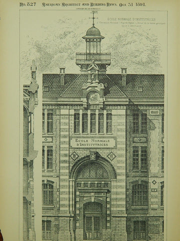 Ecole Normale D'Institutrices, Clermont-Ferrand, France, 1891, Original Plan. E. Camut.