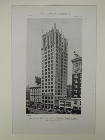 Office Building on Cadillac Square, Detroit, MI, 1919, Lithograph. Louis Kamper.