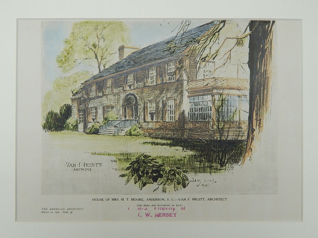 House of Mrs. M. T. Moore, Anderson, SC, 1926, Original Plan. Van F. Pruitt.