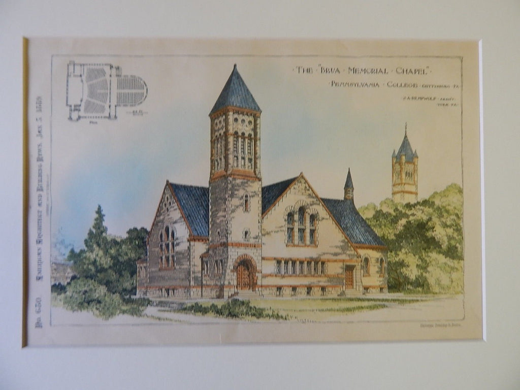 The "Brua Memorial Chapel, Pennsylvania College, Gettysburg, PA, 1889, OrigPlan. J.A. Dempwolf.