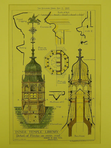 Detail of Fleche, Inner Temple Library, London, England, 1881, Original Plan. Robert W. Edis.