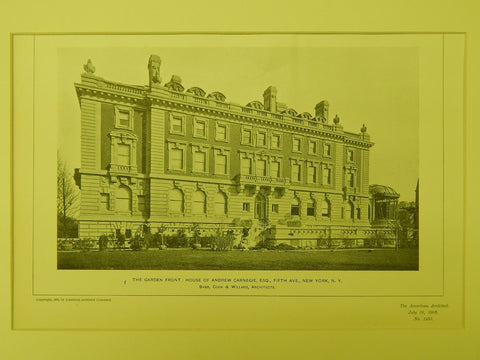 Garden Front, House of Andrew Carnegie, Fifth Ave, New York, NY, 1903,Lithograph. Babb, Cook & Willard.