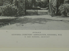 Shelter House & Entrance, Kenosha Cemetery Assn., Kenosha, WI, 1921, Lithograph.  N. Max Dunning.