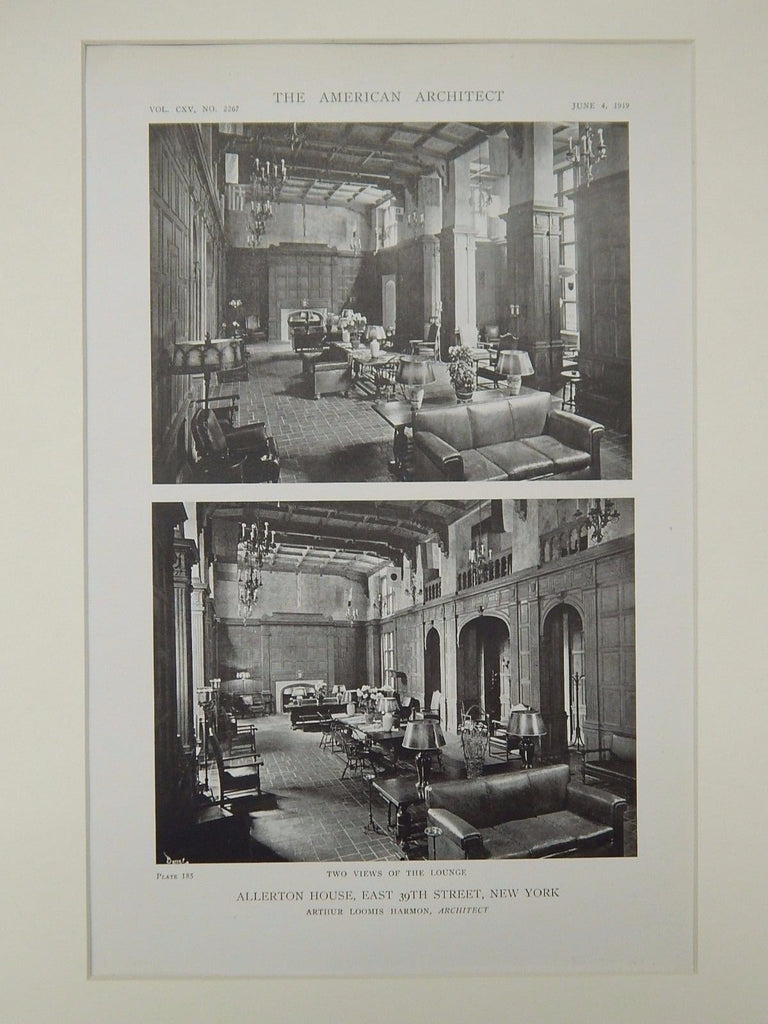 Lounge Views, Allerton House, East 39th Sreet, New York, NY, 1919, Lithograph. Arthur Loomis Harmon.