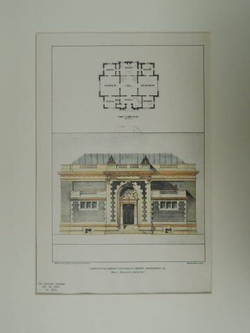 Competitive Design for Public Library, Davenport, IA, 1901, Original Plan. Wm. L. Woollett.