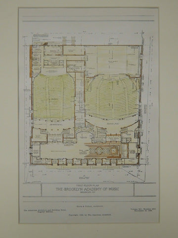 First Floor, Brooklyn Academy of Music, Brooklyn, NY, 1906, Original Plan. Herts & Tallant.