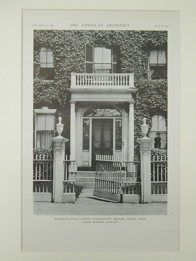 Baldwin-Lyman House, Washington Square, Salem, MA, 1921, Lithograph. Samuel McIntire.