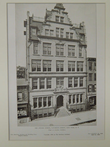 The Speyer School, Lawrence Street, New York, NY, 1906, Lithograph. Edgar A. Josselyn.