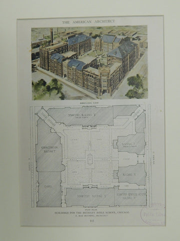 Bird's Eye & Plot of Bldgs. for Bethany Bible School, Chicago, IL,1921, OrigPlan. N. Max Dunning.