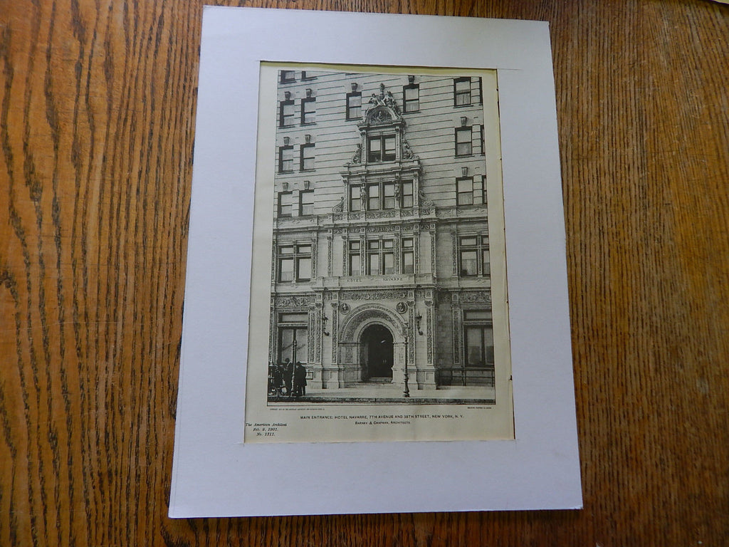 Main Entrance:Hotel Navarre, 7th Ave.38th St, New York, NY, 1901, Lithograph. Barney & Chapman.