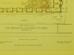 First Floor, Brooklyn Academy of Music, Brooklyn, NY, 1906, Original Plan. Herts & Tallant.