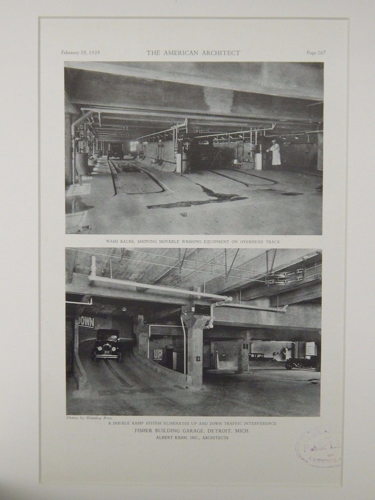 Wash Racks & Ramp, Fisher Building Garage, Detroit, MI, 1929, Lithograph. Albert Kahn.