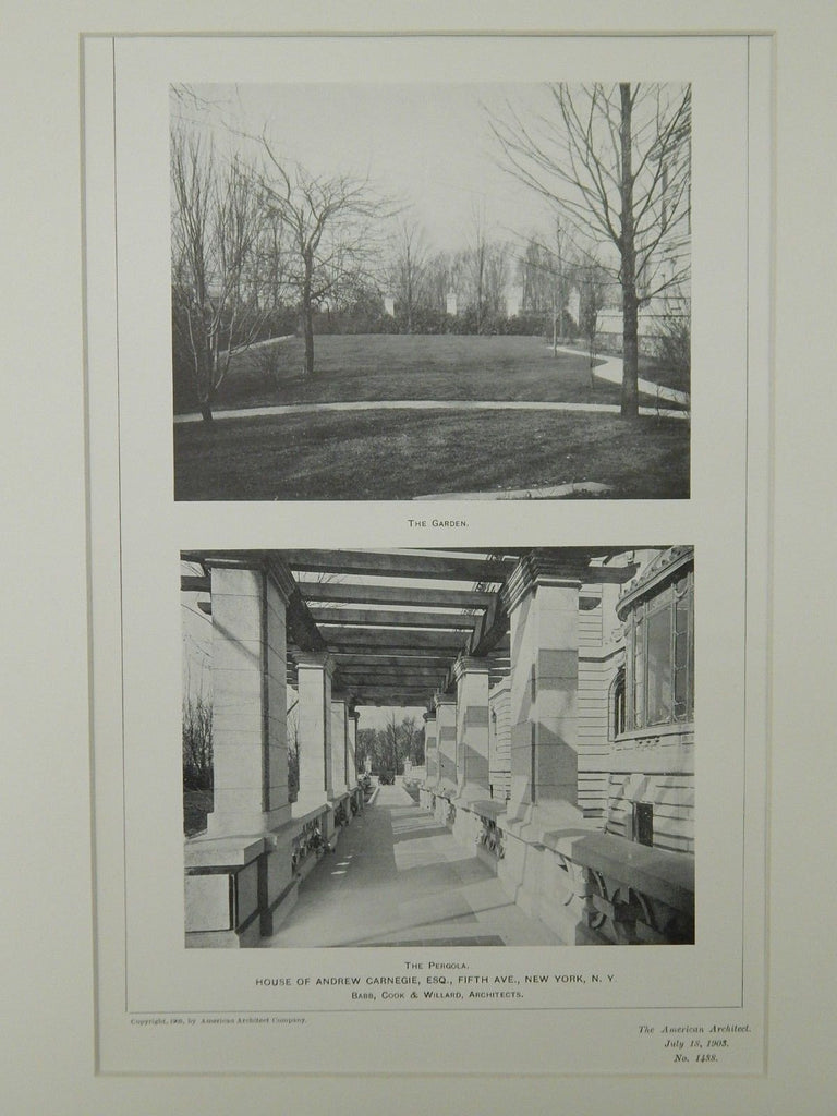 Garden & Pergola, House of Andrew Carnegie, New York, NY, 1903, Lithograph. Babb, Cook & Willard.