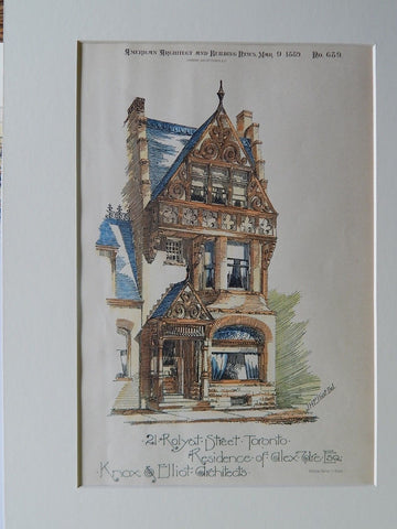 Residence of Alex Ulre, 21 Rolyat St., Toronto, Canada, 1889, Original Plan. Knox & Elliot.