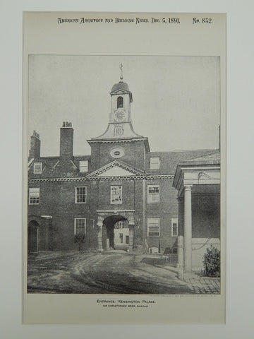 Entrance, Kensington Palace, London, England, 1891, Lithograph. Sir Christopher Wren.