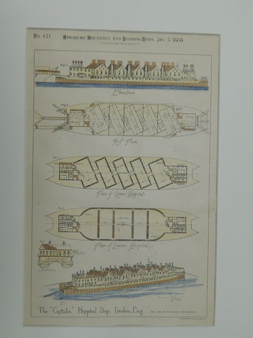 The "Castalia" Hospital Ship, London, England, UK, 1885. Original Plan.  Mr. Adam Miller.