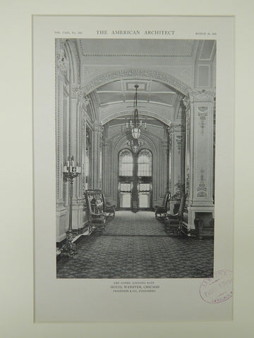 The Lobby looking East, Hotel Webster, Chicago, IL, 1921, Lithograph. Fridstein & Co.