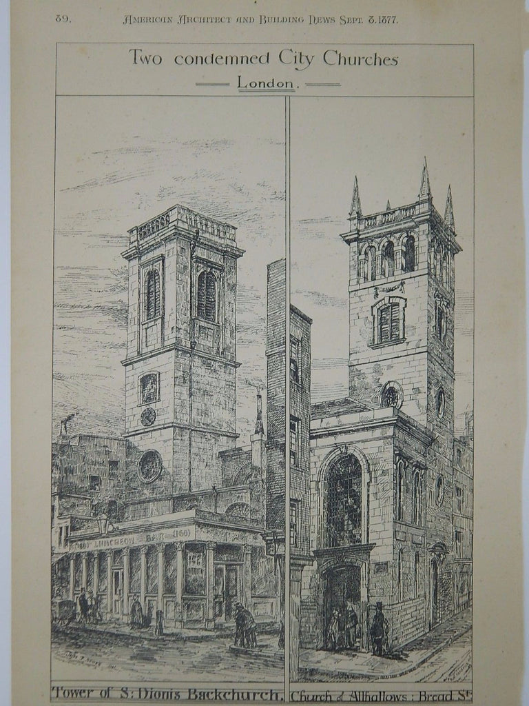 Tower of St. Dionis & Church of Allhallows, London, UK, 1877, Original Plan