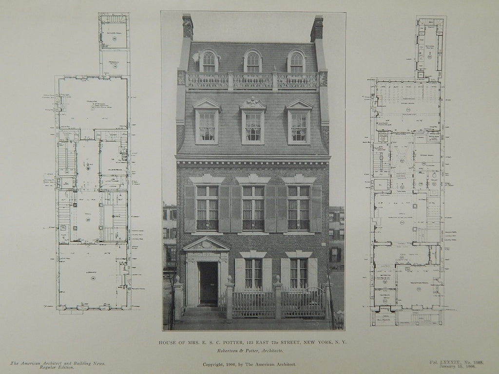 House of Mrs. E. S. C. Potter, 73rd Street, New York, NY, 1906, Lithograph. Robertson & Potter.
