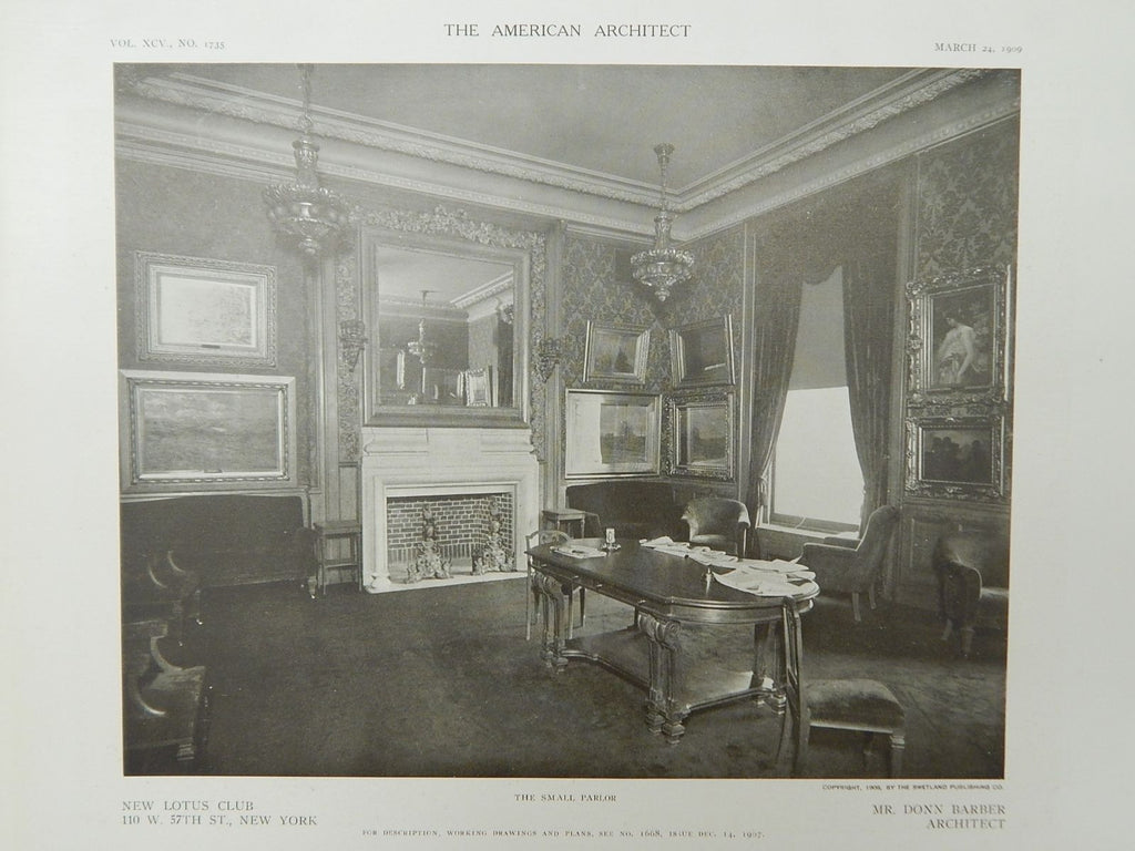 The Small Parlor, New Lotus Club, New York, New York, 1909, Lithograph. Mr. Donn Barber.
