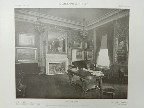The Small Parlor, New Lotus Club, New York, New York, 1909, Lithograph. Mr. Donn Barber.