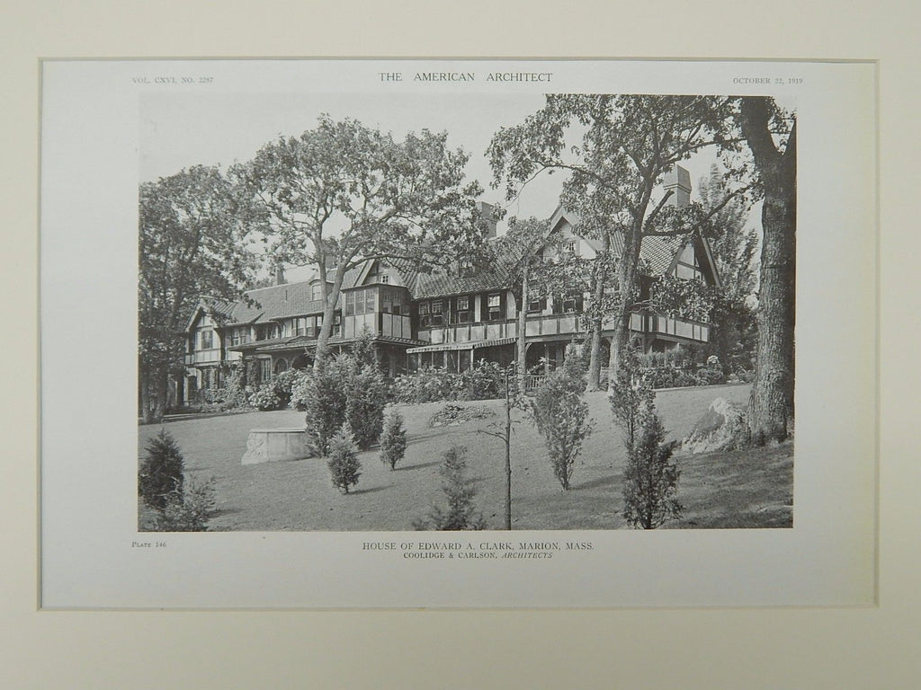 Exterior, House of Edward A. Clark, Marion, MA, 1919, Lithograph. Coolidge & Carlson.