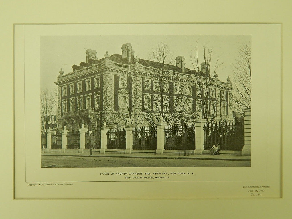 View from Street, House of Andrew Carnegie, New York, NY, 1903, Lithograph. Babb, Cook & Willard.