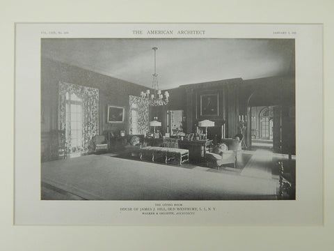 Living Room, House of James J. Hill, Old Westbury, NY, 1921, Lithograph. Walker & Gillette.