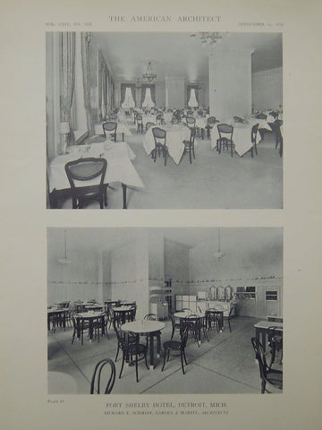 Alternate Dining Room Views, Fort Shelby Hotel, Detroit, MI, 1918, Lithograph. Schmidt, Garden & Martin.