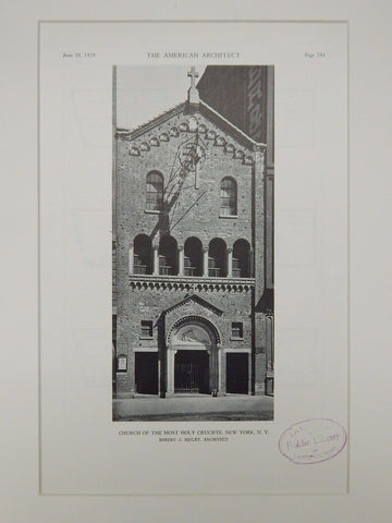 Entrance, Church of the Most Holy Crucifix, New York, NY, 1929, Lithograph. Robert J. Reiley.