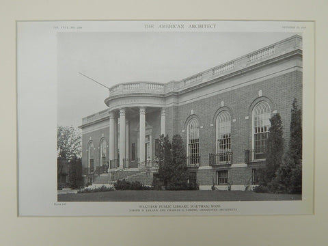 Exterior, Waltham Public Library, Waltham, MA, 1919, Lithograph. Leland & Loring.