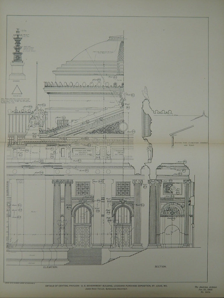 Central Pavilion Details, US Govt. Building, St. Louis, MO, 1903, Original Plan. James Knox Taylor.
