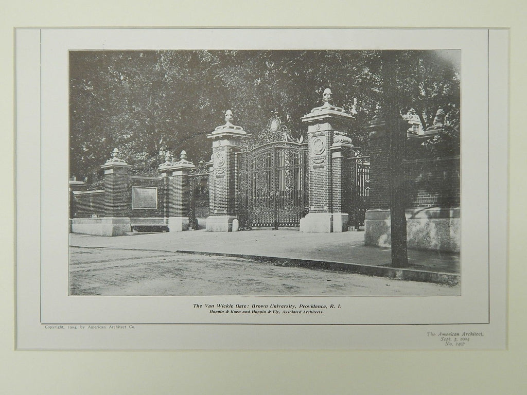 The Van Wickle Gate, Brown University, Providence, RI, 1904, Lithograph. Hoppin & Koen and Hoppin & Ely.