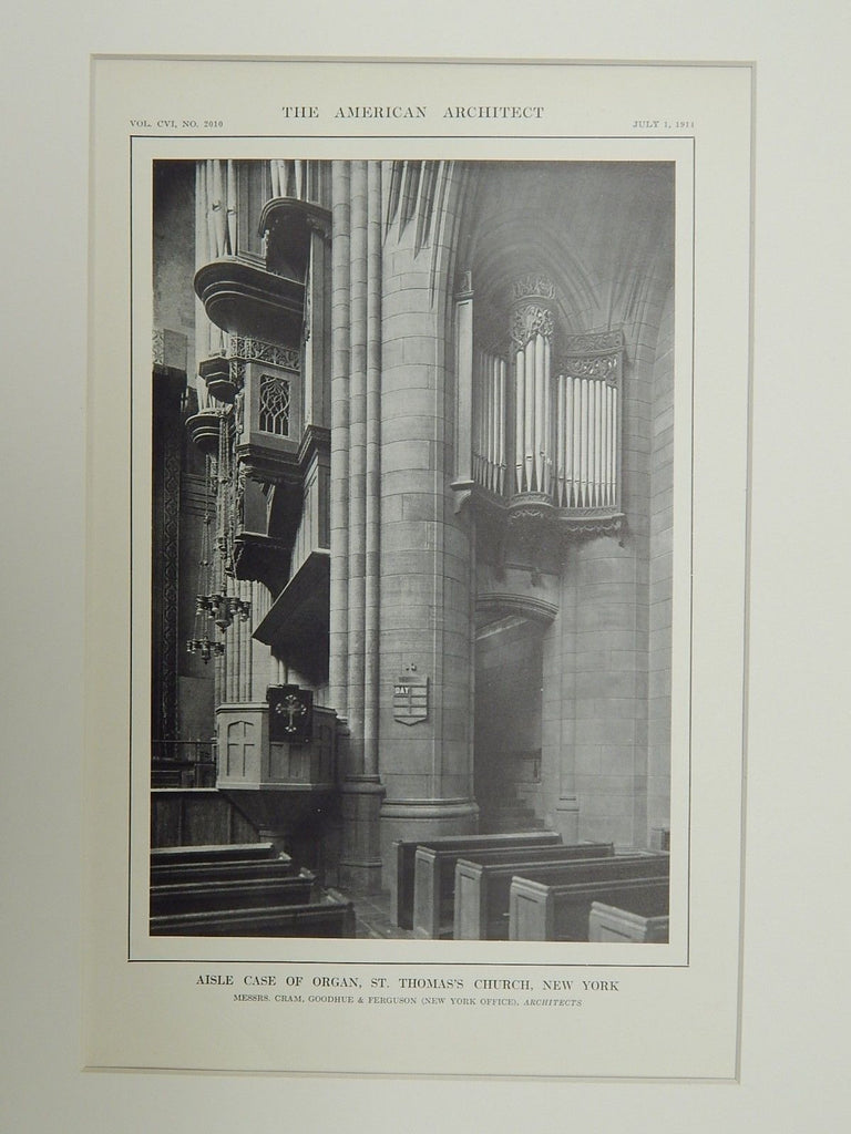 Aisle Case of Organ, St. Thomas's Church, NY, 1914. Early Photograph. Cram, Goodhue, & Ferguson.