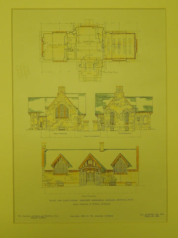 Elevations, Whitney Memorial Library, Bolton, MA, 1906, Original Plan. Stone, Carpenter & Wilson.