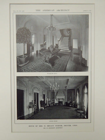 Room & Staircase, House of Mrs. D. Bryant Turner, Denver, CO, 1914, Lithograph. J.B. Benedict.