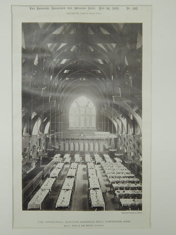 The Dining Hall, Harvard Memorial Hall, Cambridge, MA, 1885, Photogravure. Ware & Van Brunt.
