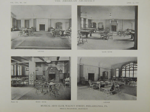 Interior, Musical Arts Club, Walnut Street, Philadelphia, PA, 1919, Lithograph. Price & McLanahan.