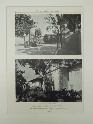 Entrance and Terrace, House of Dr R. J. Forhan, Mamaroneck, NY, 1924, Lithograph. Wm. Harmon Beers.