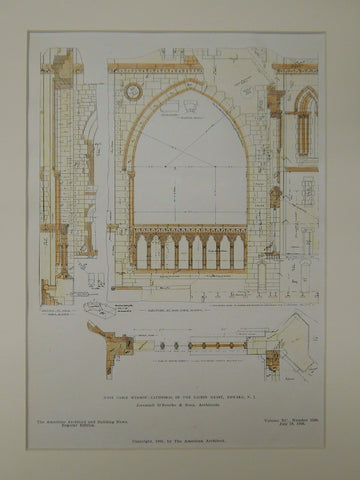 Nave Gable Window, Cathedral of the Sacred Heart, Newark, NJ, 1906, Original Plan. O'Rourke & Sons.