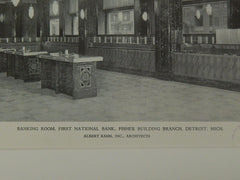 Banking Room, First National Bank, Fisher Branch, Detroit, MI, 1929, Lithograph. Albert Kahn.