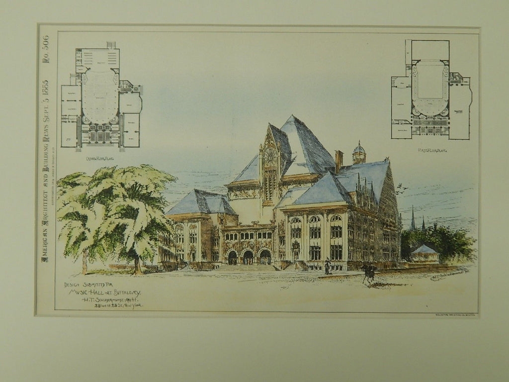 Design for Music Hall at Buffalo, NY, 1885, Original Plan. Schiadermaudt.