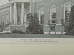 Exterior, Waltham Public Library, Waltham, MA, 1919, Lithograph. Leland & Loring.
