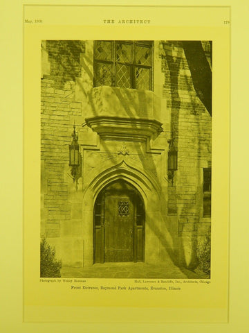 Front Entrance, Raymond Park Apartments, Evanston, IL, 1930, Lithograph. Hall, Lawrence & Ratcliffe, Inc.