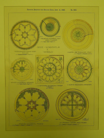 Various European Rose Windows, Bourges Cathedral, France, 1897, Original Plan.