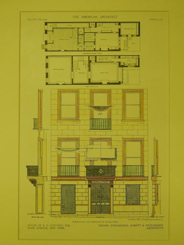 Floor Plans & Elevation, E. F. Whitney House, New York, NY, 1909, Original Plan. Richardson, Barott & Richardson.